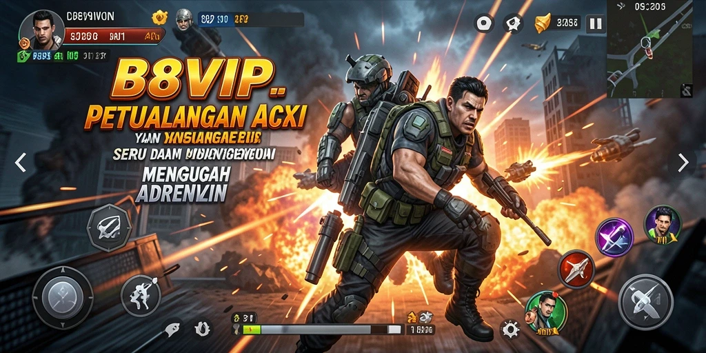 Screenshot gameplay B8VIP menampilkan aksi menegangkan dan karakter beragam.