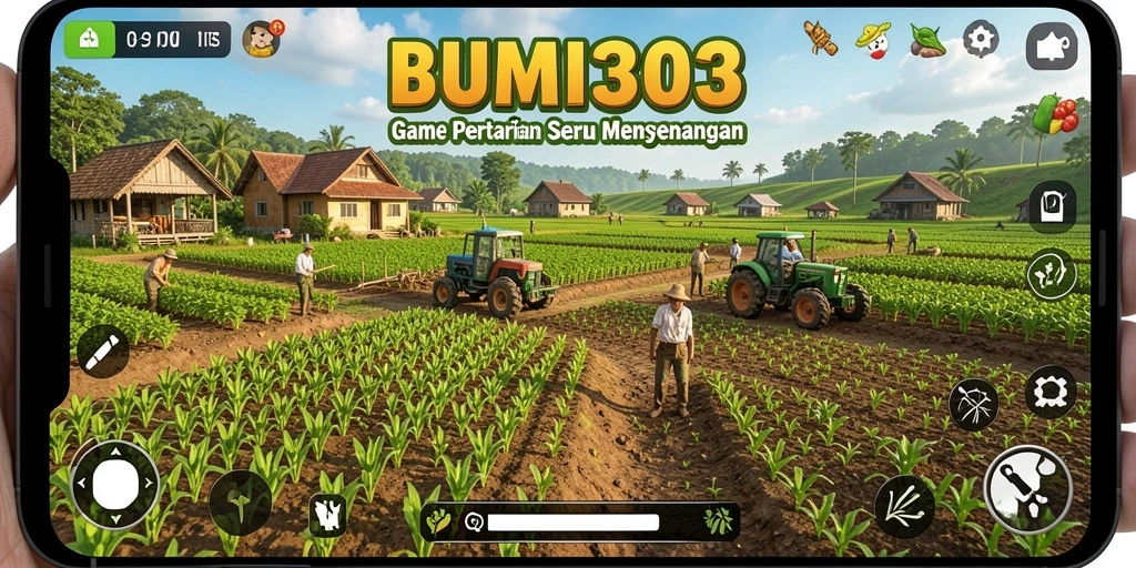 Gameplay seru bertani di BUMI303 dengan ladang hijau yang subur.