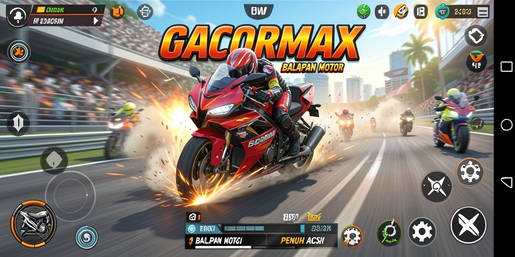 Gameplay seru GACORMAX dengan balapan motor yang menegangkan.