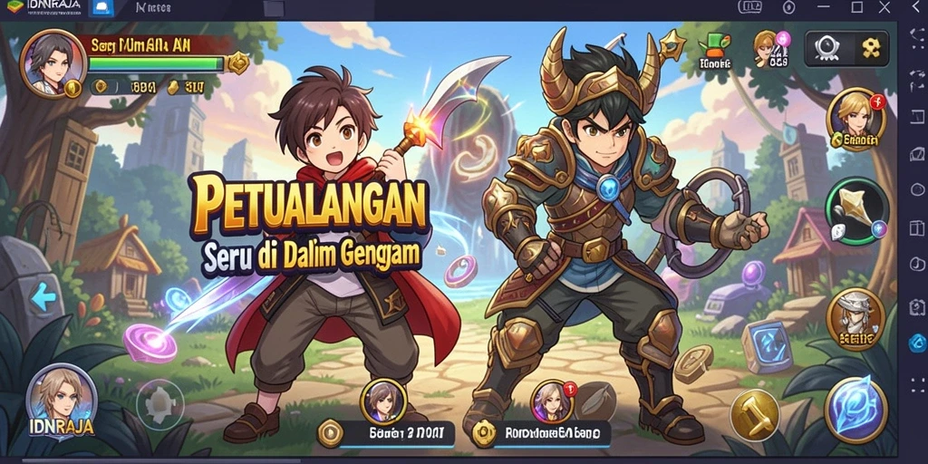 Tangkapan layar utama IDNRAJA dengan tampilan karakter dan aksi yang menarik.
