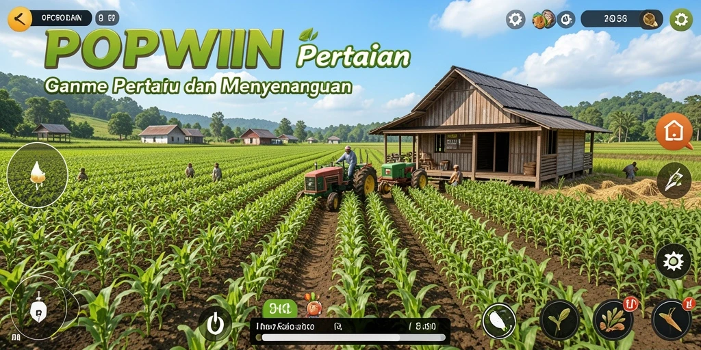 Tampilan gameplay POPWIN dengan aktivitas pertanian yang seru.
