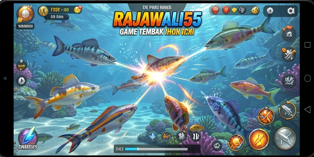 Tampilan gameplay Tembak Ikan RAJAWALI55 yang seru dan penuh warna.